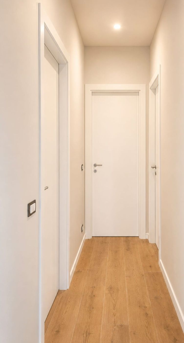 Corridoio con porte bianche e pavimento in legno