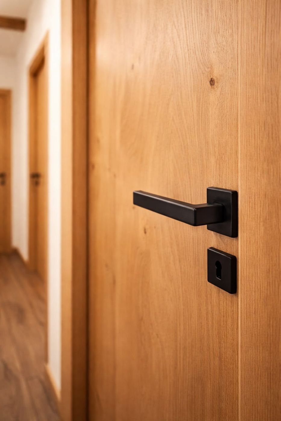 Maniglia nera su porta in rovere